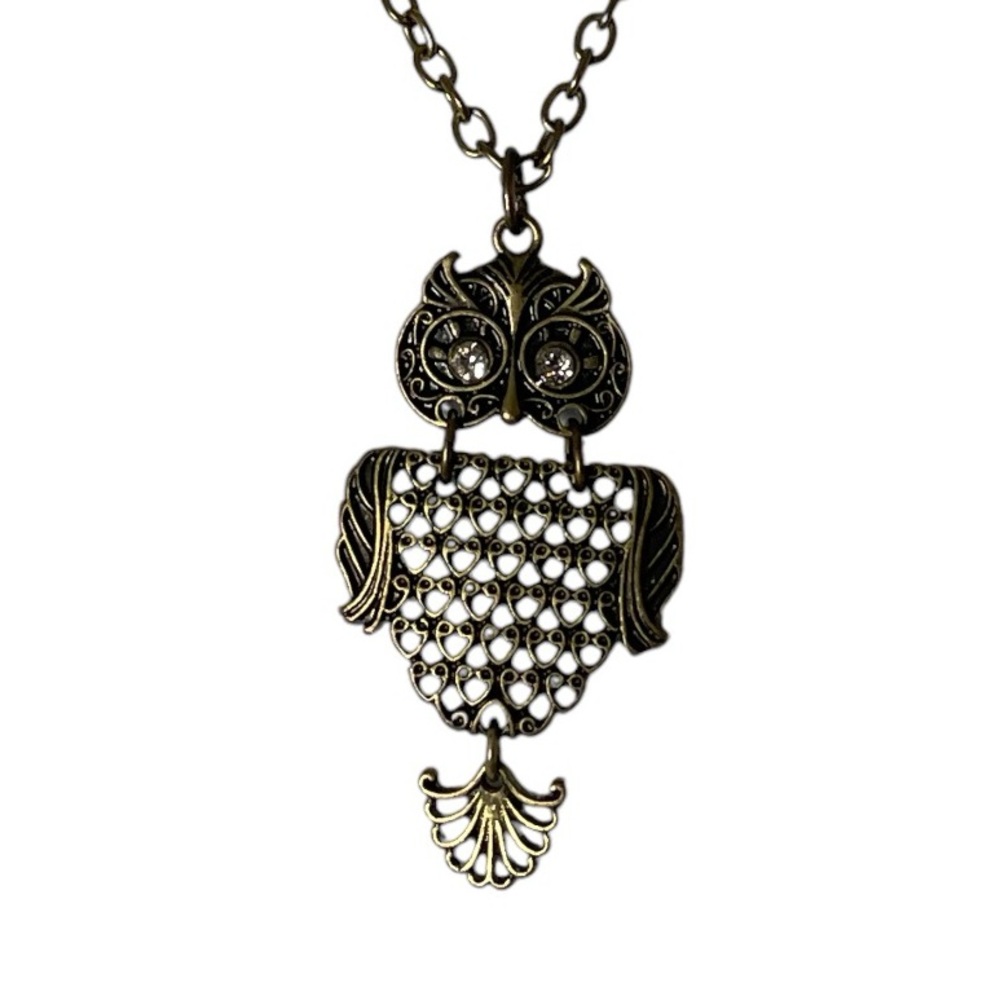 Articulated Bronze Tone Owl Pendant on Gold Tone Chain Sequin Eyes